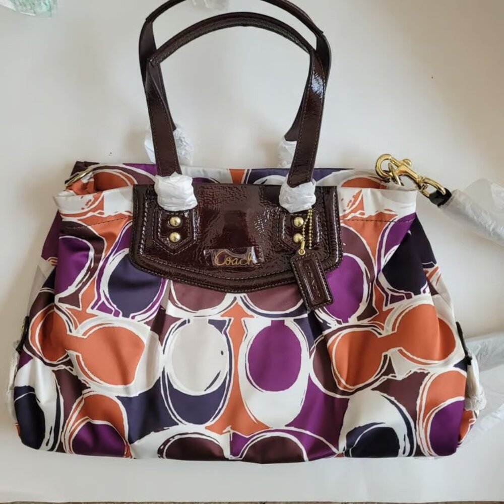 🌺COACH ASHLEY OP ART  SCARF Print Sateen  Patent Mahogany SATCHEL CARRYALL🌺NWT